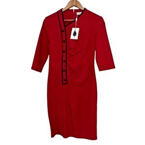 MUXXN‎ Asymmetrical Ruched Sheath Dress Womens L Red NEW Retro Pencil 3/4 Sleeve